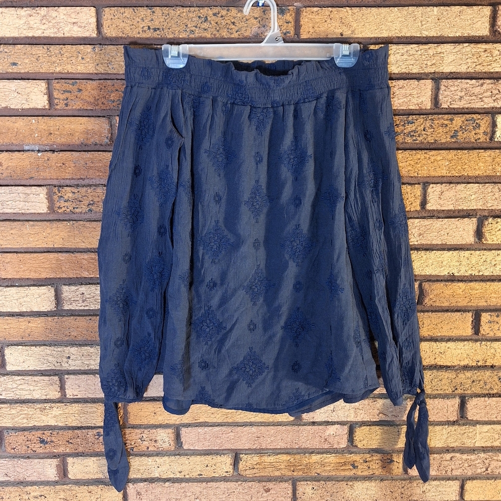 Wayf XS Smocked Off Shoulder Blouse Navy Geometric Tie Sleeves